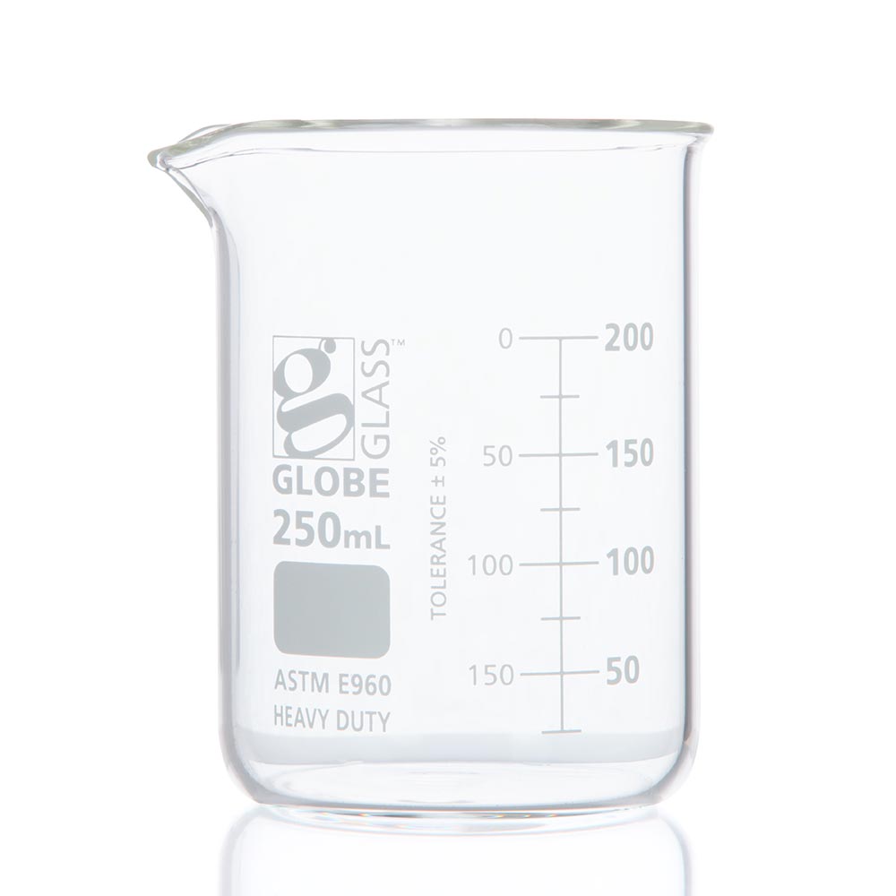 Globe Scientific Beaker, Globe Glass, 250mL, Low Form Griffin Style,Heavy Duty, Dual Graduations, ASTM E960, 12/Box Image